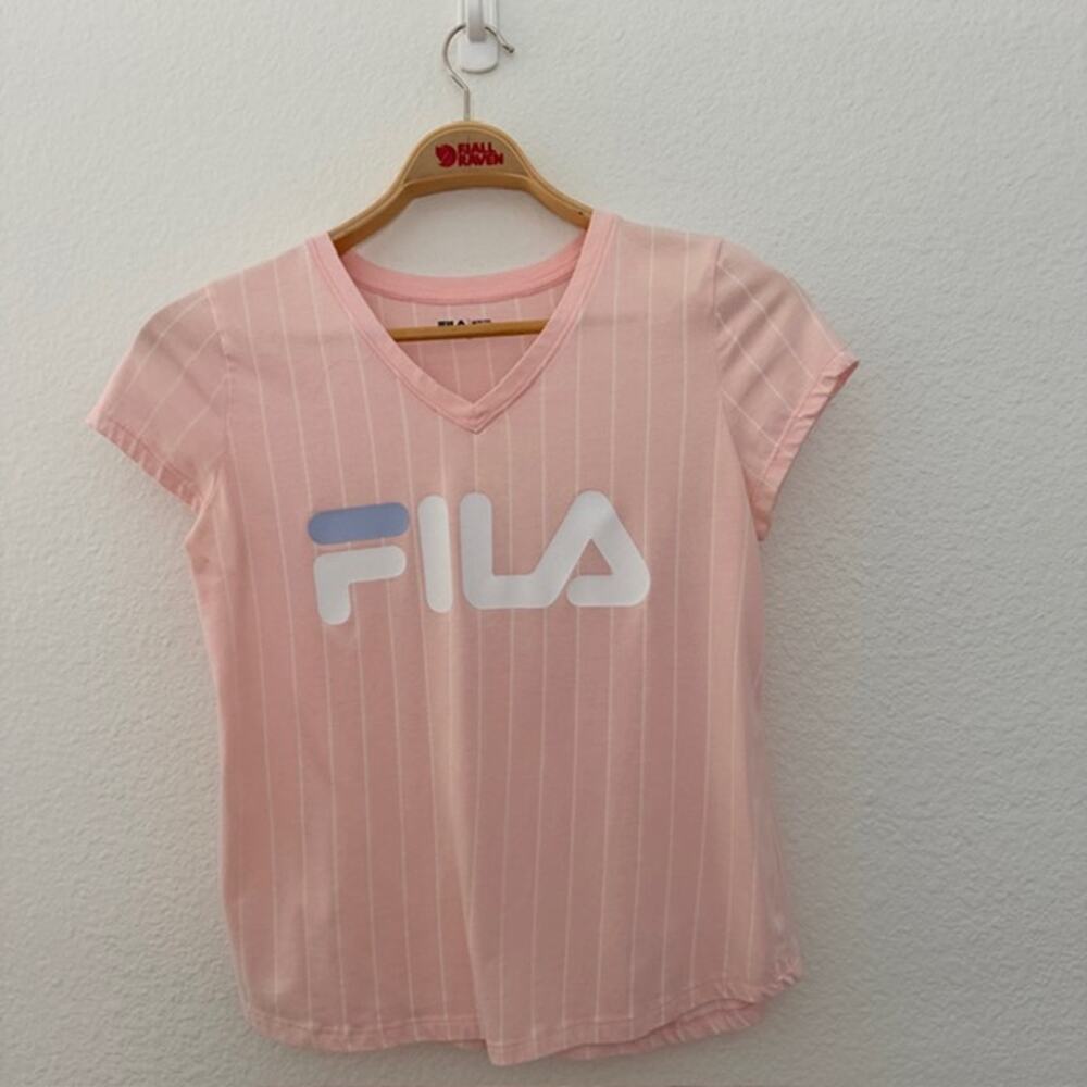 FILA Tee V-Neck Short Sleeve Pink Stripe Baseball-Style Athletic Women's Medium - Picture 8 of 8